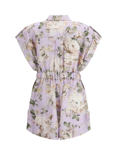 Zimmermann Floral Print Linen Playsuit With Belted Waist And Short Sleeves