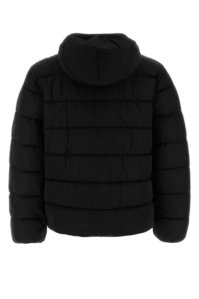 C.p. Company Men Black Down Jacket With Fixed Hood With Googles Detail In Tech Fabric Man In Black