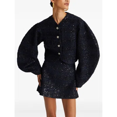 Rotate Birger Christensen Sequin-embellished Puff-sleeve Jacket In Blue
