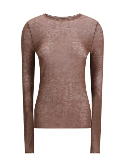 Pinko Semi-sheer Wool Sweater In Brown