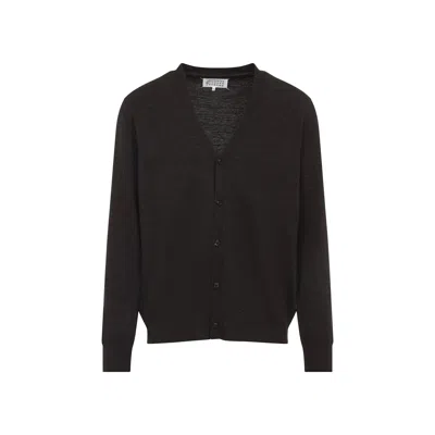 Maison Margiela Brown Wool Cardigan With Suede Elbow Patches In Brown