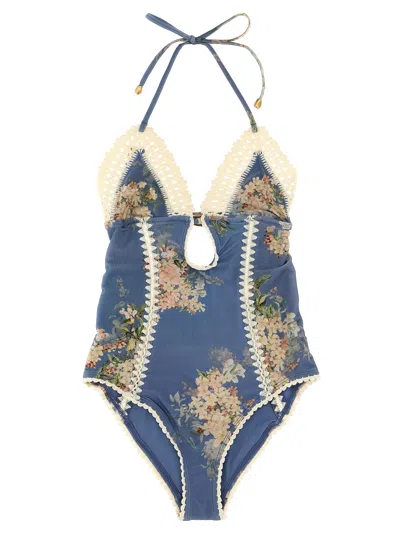 Zimmermann Cascadian Keyhole Crochet One Piece Tea Blue Botanical Floral