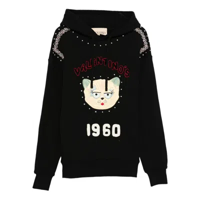 Valentino Crystal-embellished Hooded Sweater With Embroidered Logo In Black