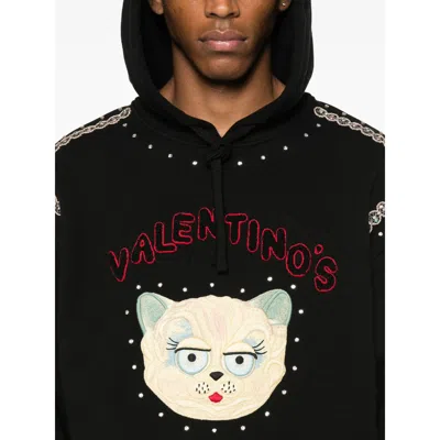 Valentino Crystal-embellished Hooded Sweater With Embroidered Logo In Black