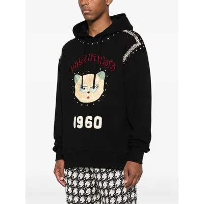 Valentino Crystal-embellished Hooded Sweater With Embroidered Logo In Black