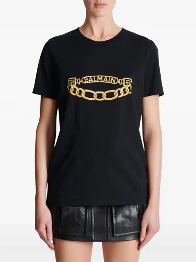 Balmain Crew Neck Graphic Print Short Sleeves In Black