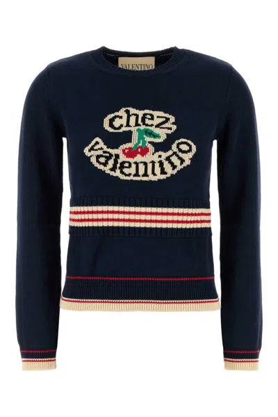 Valentino Cotton Sweater Crew Neck Long Sleeves In Blue