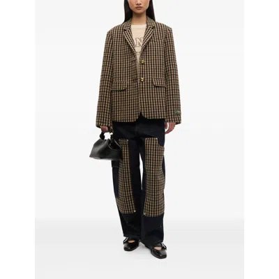 Ganni Check Wool Mix Oversized Blazer Jackets Brown In Brown
