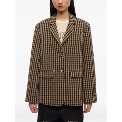 Ganni Check Wool Mix Oversized Blazer Jackets Brown In Brown
