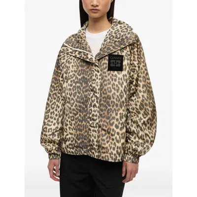 Ganni Hooded Leopard Print Nylon Blouson Jacket