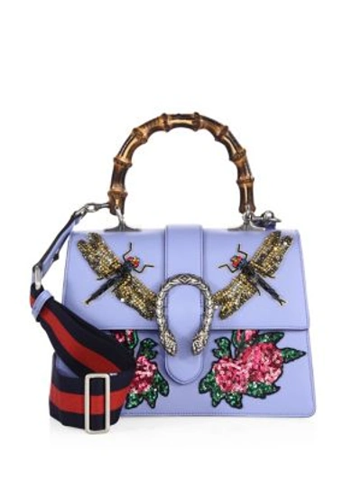 Shop Gucci Medium Dionysus Embroidered Leather Top-handle Bag In Sky Blue