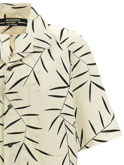 Jacquemus Cotton Poplin Shirt With Foliage Print And Embroidered Logo In Neutral