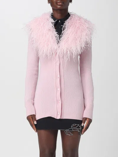 Blumarine Feather Trim Longline Ribbed Knitwear In Pink