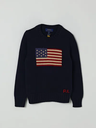 Polo Ralph Lauren Blue Sweater With Flag And Monogram In Blue