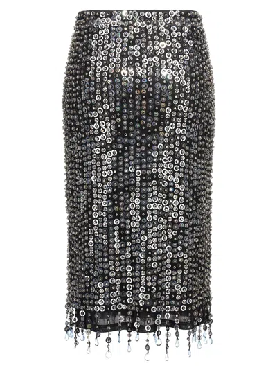 Pinko Fringed Black Sequined Midi Skirt With Removable Underskirt In Black