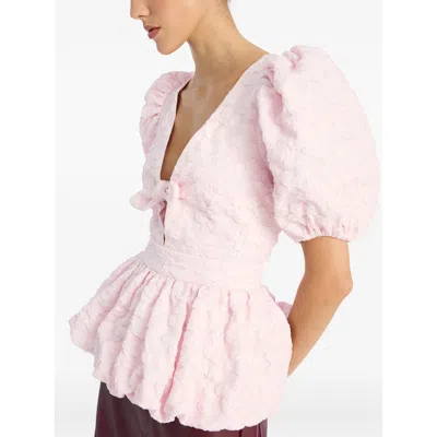 Rotate Birger Christensen Jacquard Puff Sleeve Top In Pink