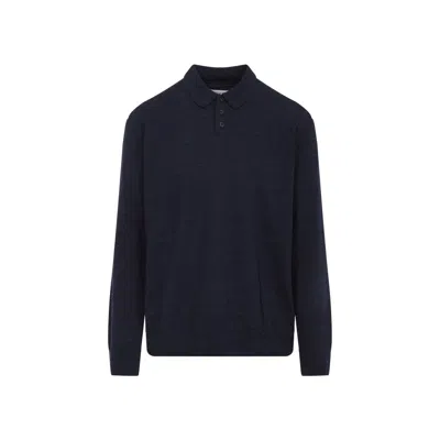 Maison Margiela Knitwear With Buttoned Collar And Elbow Patches In Blue