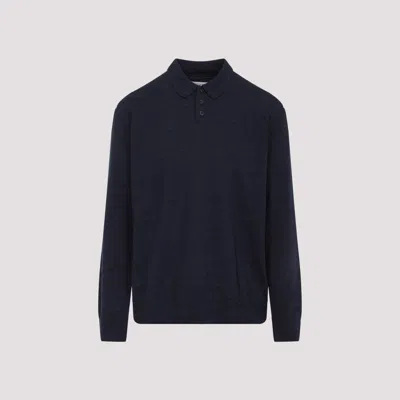 Maison Margiela Knitwear With Buttoned Collar And Elbow Patches In Blue