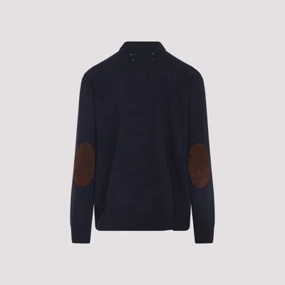 Maison Margiela Knitwear With Buttoned Collar And Elbow Patches In Blue
