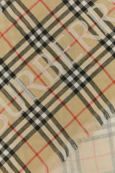 Burberry Wool Scarf With Embroidered Check Pattern And Fringed Edges In Brown
