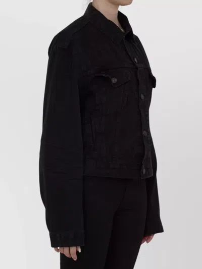 Balenciaga Collared Denim Jacket With Crinkled Sleeves In Black