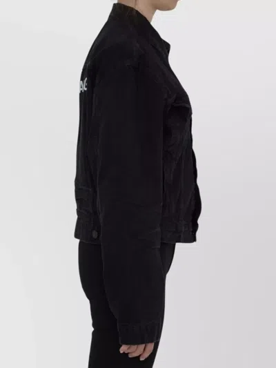 Balenciaga Collared Denim Jacket With Crinkled Sleeves In Black