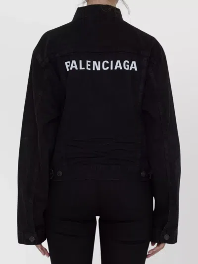 Balenciaga Collared Denim Jacket With Crinkled Sleeves In Black