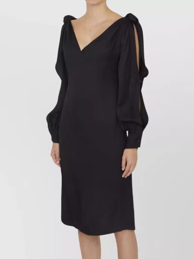 Bottega Veneta Viscose Midi Dress Knotted Shoulders In Black