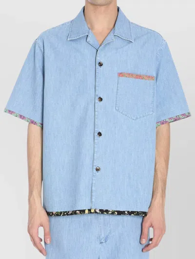Valentino Garavani Denim Bowling Shirt With Floral Trim In Blue