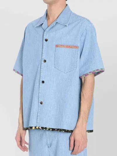 Valentino Garavani Denim Bowling Shirt With Floral Trim In Blue