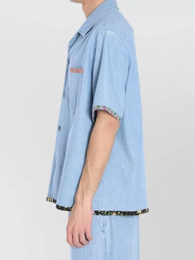 Valentino Garavani Denim Bowling Shirt With Floral Trim In Blue