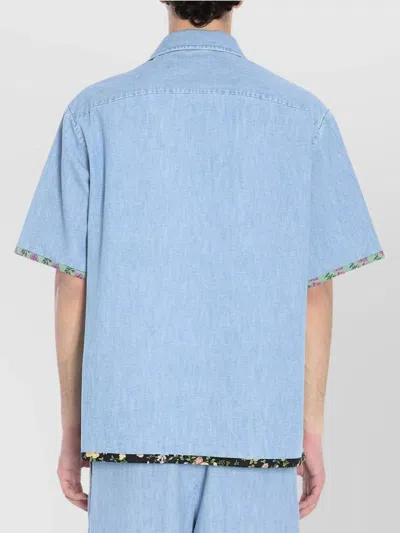 Valentino Garavani Denim Bowling Shirt With Floral Trim In Blue