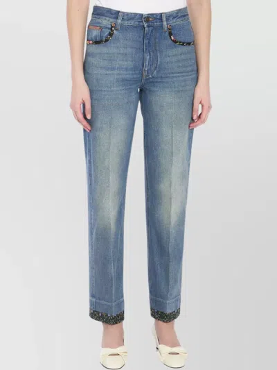 Valentino Floral Print Straight Leg Jeans In Blue