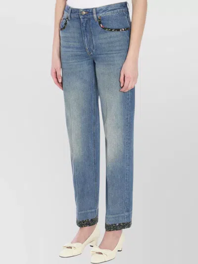 Valentino Floral Print Straight Leg Jeans In Blue