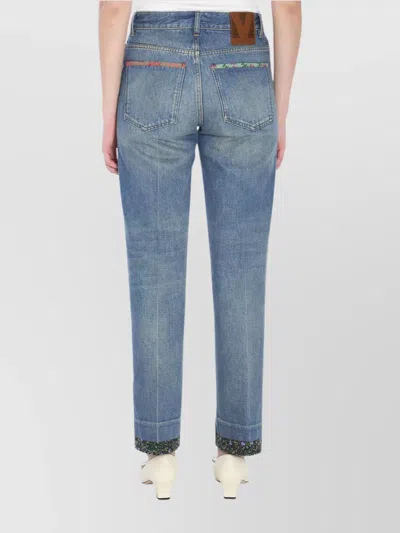 Valentino Floral Print Straight Leg Jeans In Blue