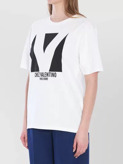 Valentino Crewneck Graphic Print Ribbed Short-sleeve Cotton Jersey In White
