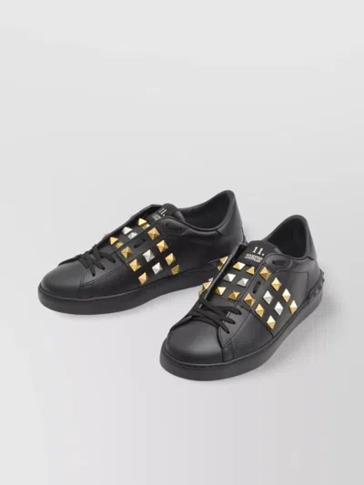 Valentino Studded Leather Sneakers Rubber Sole In Black