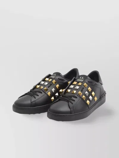 Valentino Studded Leather Sneakers Rubber Sole In Black