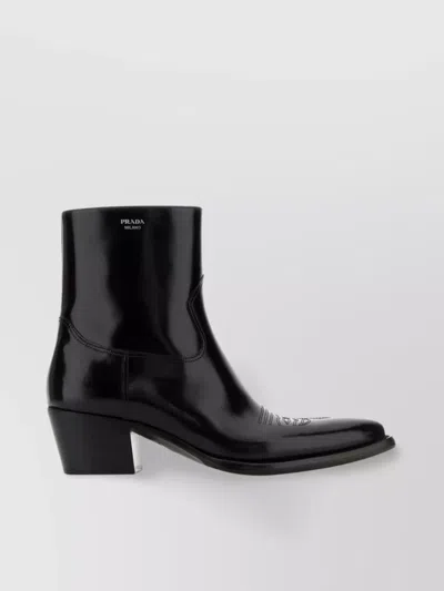 Prada Block Heel Leather Ankle Boots
