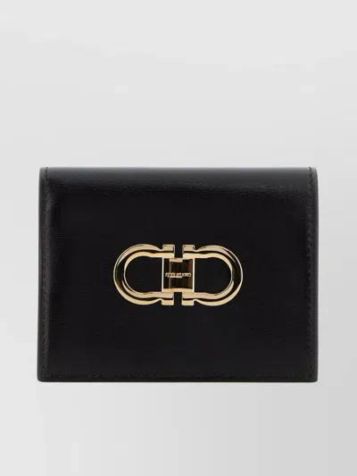 Ferragamo Leather Wallet Fold-over Design Gold-tone Hardware In Black