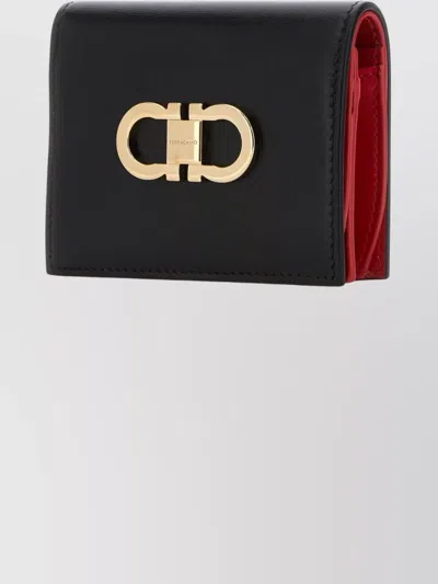 Ferragamo Leather Wallet Fold-over Design Gold-tone Hardware In Black