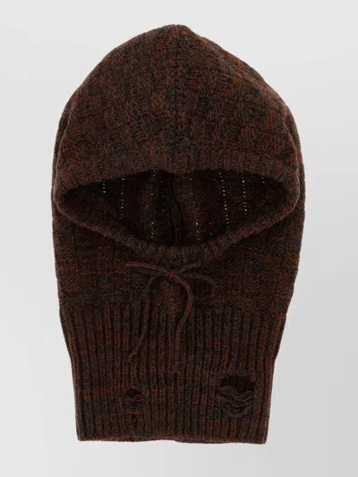 Mm6 Maison Margiela Distressed Wool Balaclava With Drawstring And Ribbed Hem In Brown