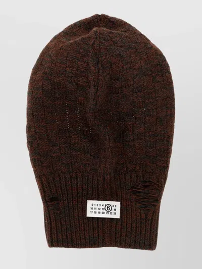 Mm6 Maison Margiela Distressed Wool Balaclava With Drawstring And Ribbed Hem In Brown
