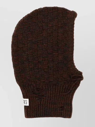 Mm6 Maison Margiela Distressed Wool Balaclava With Drawstring And Ribbed Hem In Brown