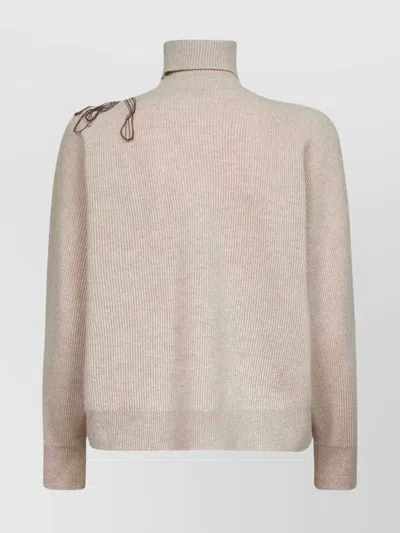Brunello Cucinelli Women Beige Cashmere Embroidered Roll Neck Sweater In Nude