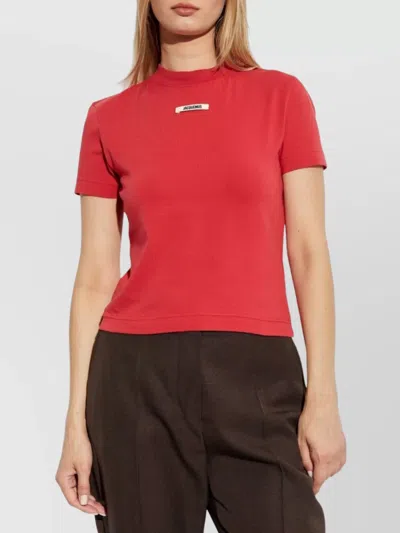 Jacquemus Crew Neck Short Sleeve Tops With Ribbed Detail In Red