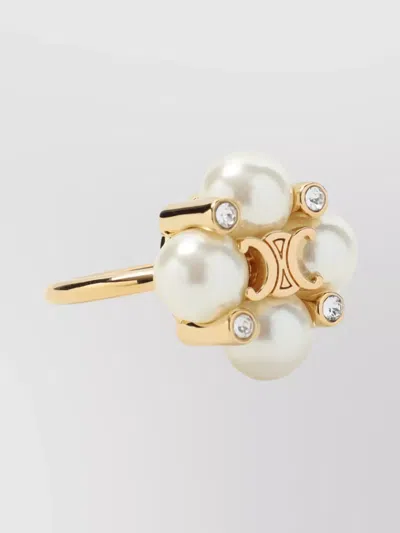 Celine Crystal And Pearl Gold Brass Ring In Multi