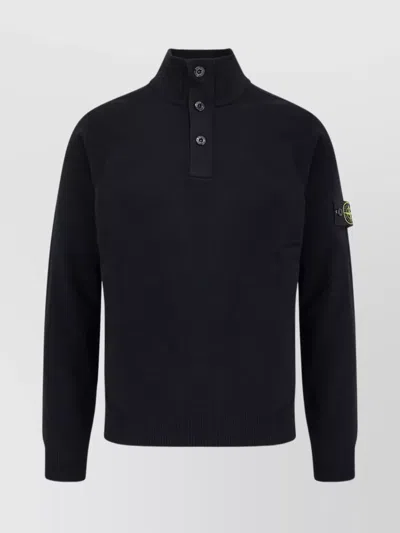 Stone Island High Collar Pullover With Buttoned Placket And Logo Patch In Black