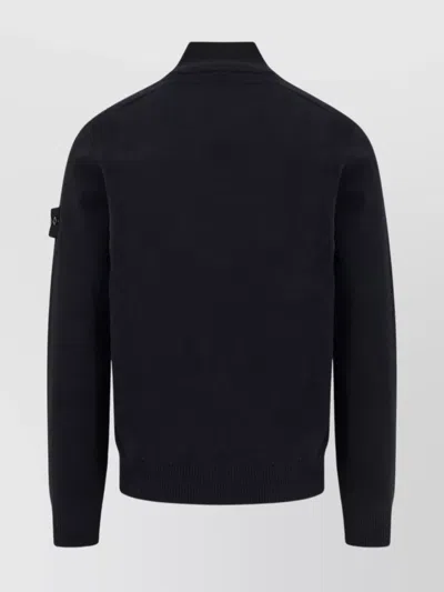 Stone Island High Collar Pullover With Buttoned Placket And Logo Patch In Black