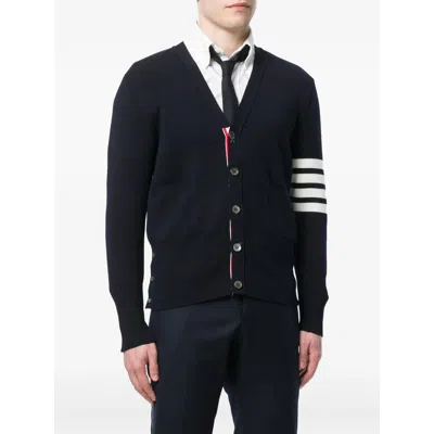 Thom Browne Milano Stitch V Neck Cardigan With 4 Bar In Fine Merino Wool Clothing In Blue